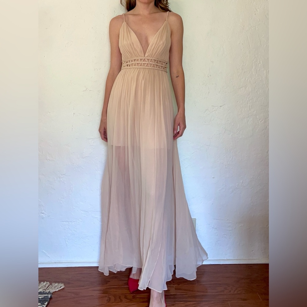 Alice and Olivia chiffon gown in Almond, size 2